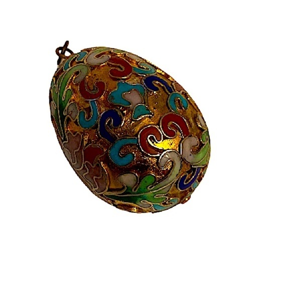 Cloisonné Chinese Vintage Enamel Egg Pendant with Deep Jewel Tones Colors - Picture 2 of 5